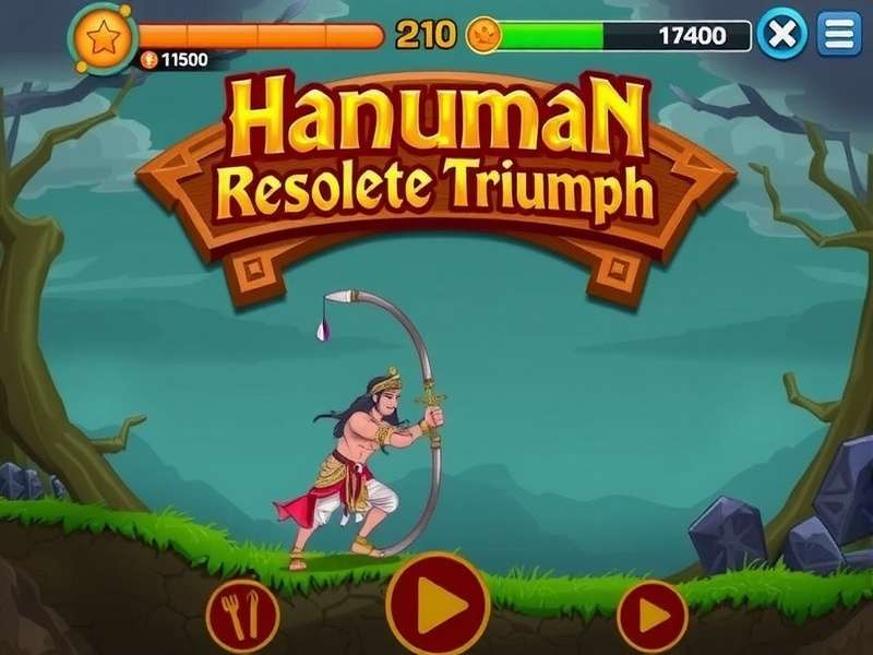 Hanuman in epic battle stance with celestial weapons Hanuman S Resolute Triumph Game Cover